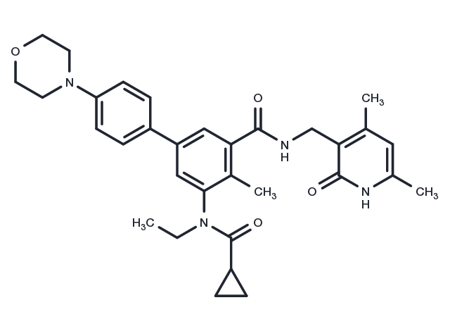 N-((4,6-dimethyl-2-oxo-1,2-dihydropyridin-3-yl)methyl)-5-(N-ethylcyclopropanecarboxamido)-4-methyl-4′-morpholino-[1,1′-biphenyl]-3-carboxamide Chemical Structure