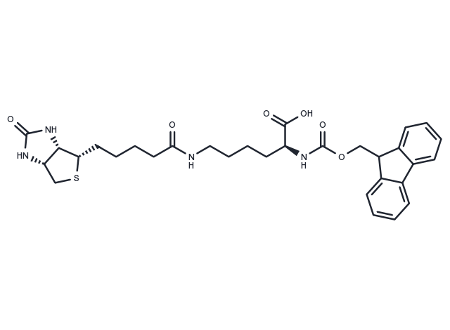 (S)-2-((((9H-fluoren-9-yl)methoxy)carbonyl)amino)-6-(5-((3aS,4S,6aR)-2-oxohexahydro-1H-thieno[3,4-d]imidazol-4-yl)pentanamido)hexanoic acid Chemical Structure