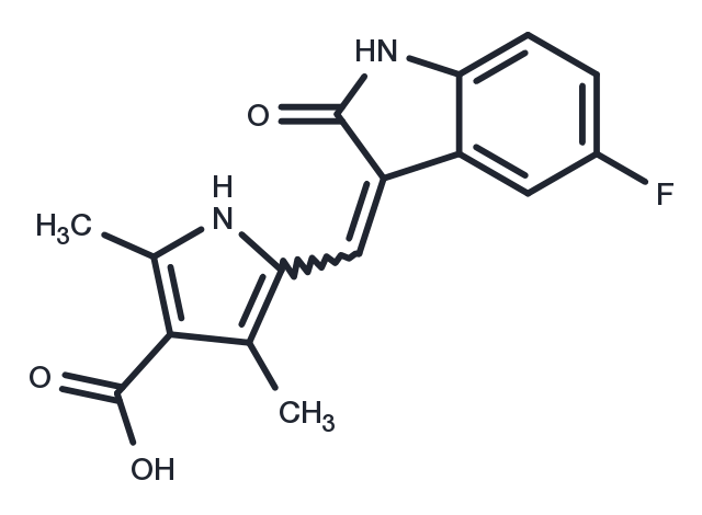 5-(5-Fluoro-2-oxo-1,2-dihydro-indol-3-ylidenemethyl)-2,4-dimethyl-1H-pyrrole-3-carboxylic Acid Chemical Structure