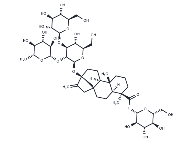 Stevia impurity (13-[(2-O-6-deoxy-Î²-D-glucopyranosyl-3-O-Î²-D-glucopyranosyl-Î²-D-glucopyranosyl)oxy]ent-kaur-16-en-19-oic acid Î²-D-glucopyranosyl ester) Chemical Structure