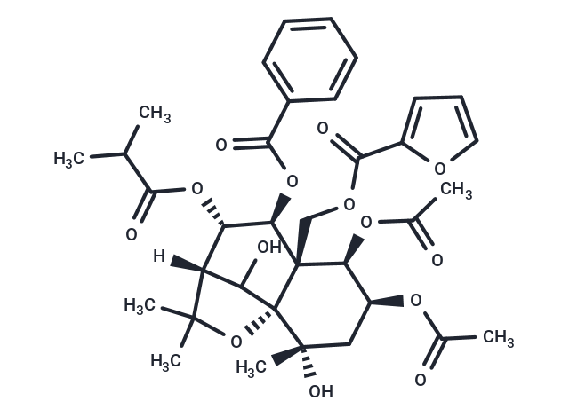 1α, 2α-Diacetoxy-8β-isobutanoyloxy-9α-benzoyloxy-15-β-(β-furancarbonyloxy)-4β, 6β-dihydroxy-β-dihydroagarofuran Chemical Structure