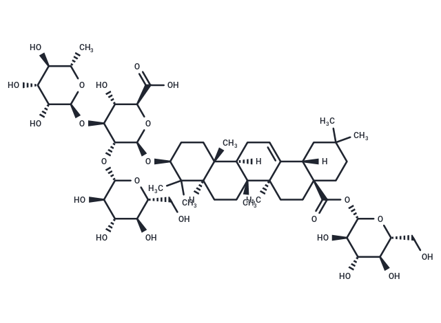 3-O-β-D-Glucopyranosyl(1→2)-[a-Lrhamnopyranosyl(1→3)]-β-D-glucopyranosyl 28-O-β-D-glucuronopyranoside Chemical Structure