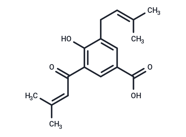 4-Hydroxy-3-(3-methyl-2-butenoyl)-5-(3-methyl-2-butenyl)benzoic acid Chemical Structure