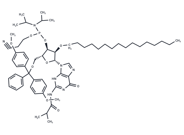N2-iBu-5’-O-DMTr-2’-O-hexadecanyl guanosine 3’-CED phosphoramidite Chemical Structure