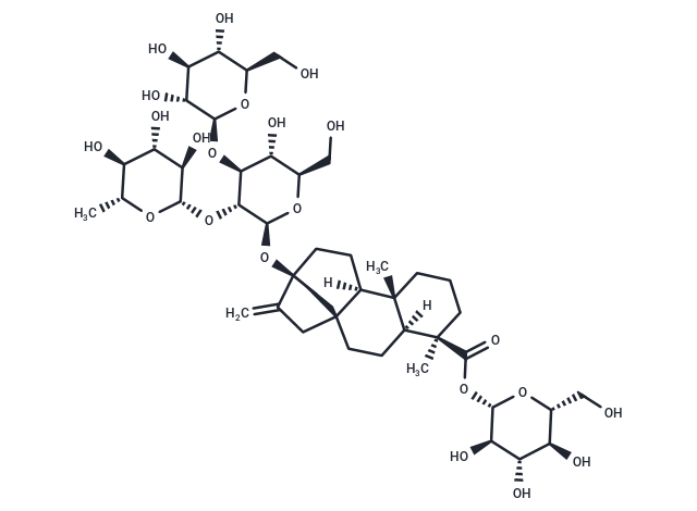Stevia impurity (13-[(2-O-6-deoxy-Î²-D-glucopyranosyl-3-O-Î²-D-glucopyranosyl-Î²-D-glucopyranosyl)oxy]ent-kaur-16-en-19-oic acid Î²-D-glucopyranosyl ester) Chemical Structure