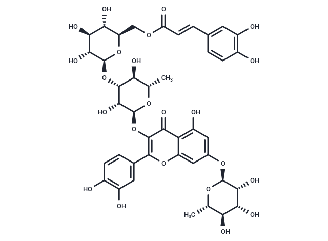 Quercetin-3-O-[(6-caffeoyl)-β-glucopyranosyl (1→3) α-rhamnopyranoside]-7-O-α-rhamnopyranoside Chemical Structure