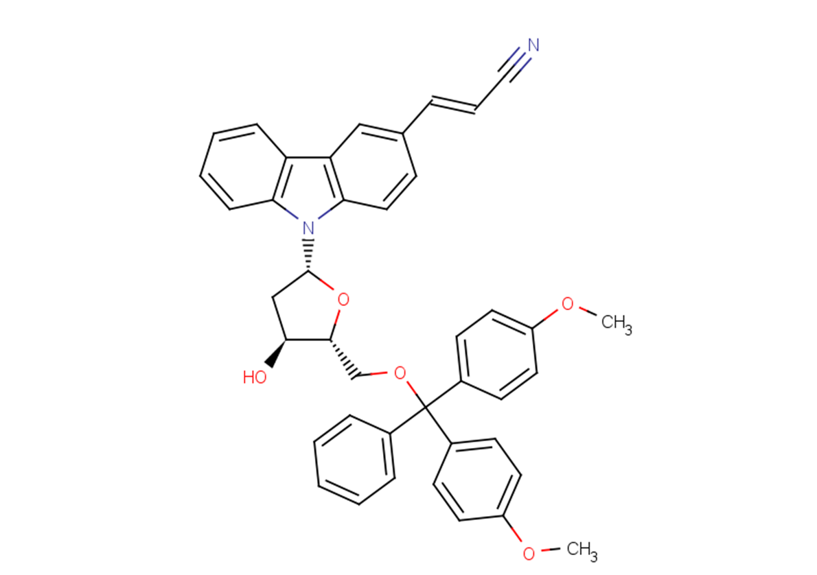 3-Cyanovinyl-9-(5’-O-(4,4’-dimethoxytrityl)-2’-deoxyribofuranosyl)carbazole (trans: CAS#1044273-26-8) Chemical Structure