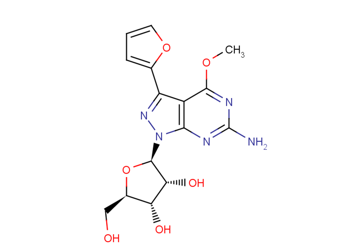 6-Amino-3-(furan-2-yl)-4-methoxy-1-(b-D-ribofuranosyl)-1H-pyrazolo[3,4-d]pyrimidine Chemical Structure